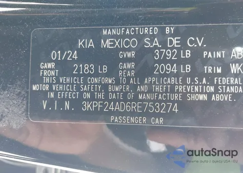 2024 Kia Forte Lx из США, поврежденный, VIN 3KPF24AD6RE753274